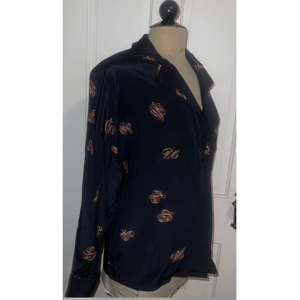 Vintage 80s NEW With Tags Navy Silk Blouse Monogram Button-up Ellen Tracy 10